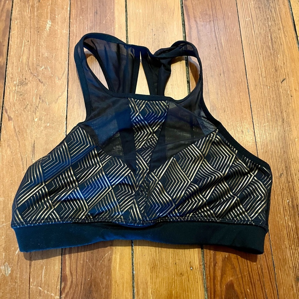 Manduka Black and Gold Patterned Sports Bra